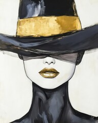 Woman fashion outfit, hat, gold, art painting