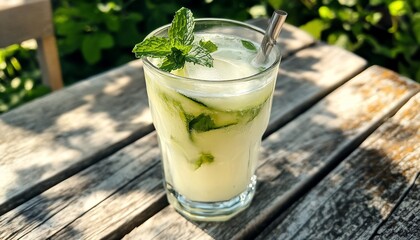 Refreshing Cucumber Mint Cocktail on Wooden Table