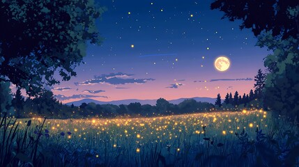 Fototapeta premium Fireflies in a Field under the Full Moon