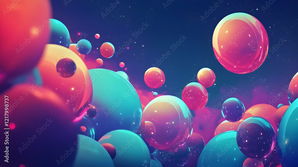 Wall mural Abstract colorful spheres floating, nebula background, digital art, website header