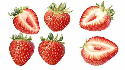 Six juicy strawberries, whole and halved, isolated on white, for food packaging
