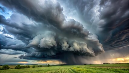 Dark grey storm cloud looming large in the sky with heavy rain coming down, rain clouds