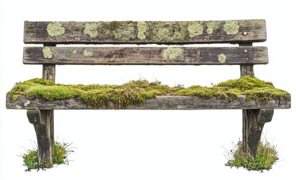 Old wooden park bench covered in moss and lichen, isolated on white. - Powered by Adobe