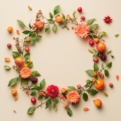 Beautiful Seasonal Floral Arrangement with Vibrant Flowers, Fresh Fruits, and Leaves on a Soft Background Perfect for Nature and Decoration Themes