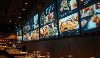 Restaurant digital menu board displaying food images and descriptions.