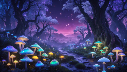 Fototapeta premium Enchanted Glowing Forest Path Magical Mushrooms, Mystical Trees, Firefly Night