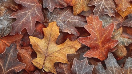 Frosted autumn leaves ground cover, fall texture, nature background, seasonal design