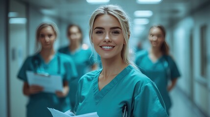 Fototapeta premium Smiling nurse leads team, hospital hallway, medical records