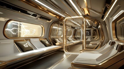 Luxurious futuristic train interior with gold accents and comfortable seating.