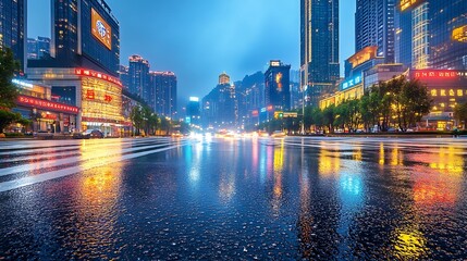 Obraz premium Rainy Evening in a City with Illuminated Buildings