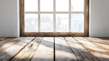 Sunlit wooden window sill, bright interior.