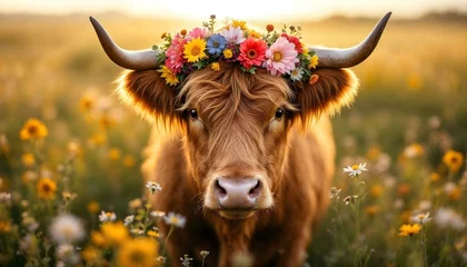 Plexiglas schilderij Schotse hooglander Cute brown cow cattle heifer bull highland longhorn with horns and a flowery crown in spring in a field  © SarahEvansDesignCo