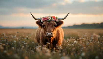 Plexiglas schilderij Schotse hooglander Cute brown cow cattle heifer bull highland longhorn with horns and a flowery crown in spring in a field  © SarahEvansDesignCo