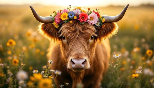 Cute brown cow cattle heifer bull highland longhorn with horns and a flowery crown in spring in a field