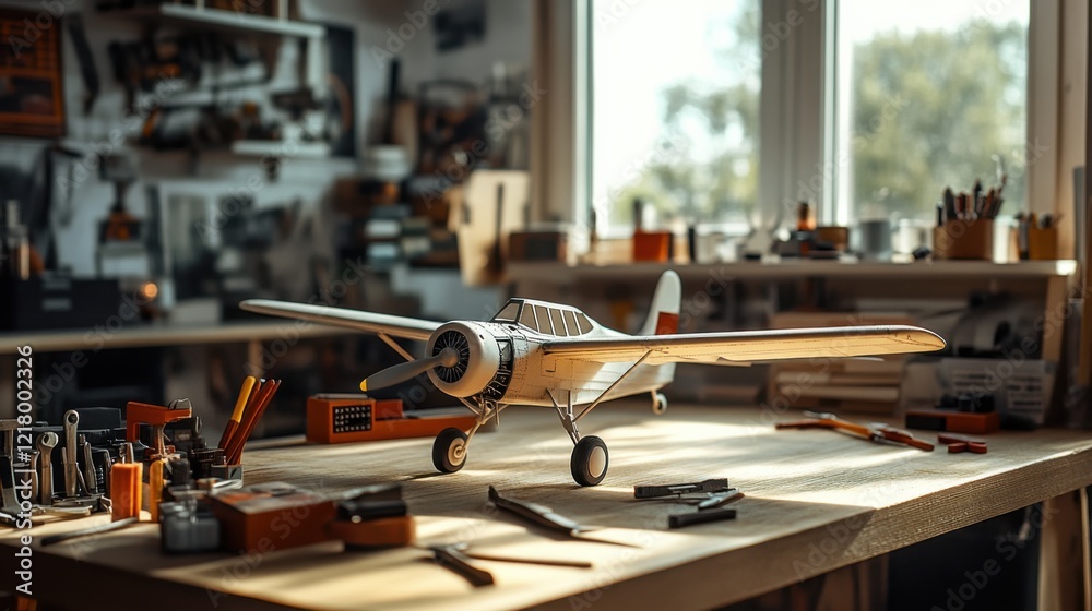 Wall mural High-resolution photo of a model airplane in a detailed workshop. Afternoon light casting realistic shadows. Emphasizing precision and craftsmanship. Perfect for hobby and model building content.