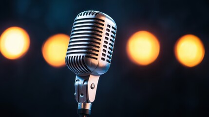 Stage microphone illuminated by vibrant spotlight colors during a performance