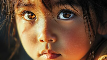 Fototapeta premium Close-up portrait of a young girl's face, illuminated by warm sunlight.