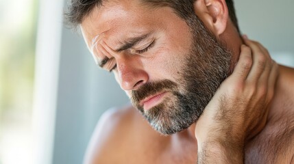 Fototapeta premium Mid-adult man experiencing skin discomfort while seated at home