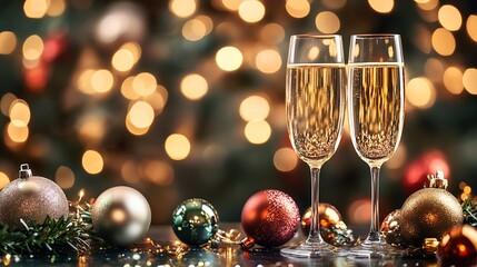Festive Celebration with Champagne and Christmas Ornaments