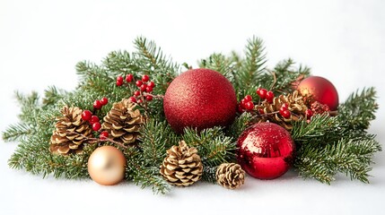 Festive Christmas Decoration with Pine Branches, Ornaments and Snow