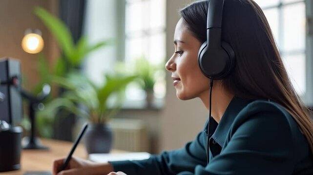 Young Woman Engaged in Online Learning, Wearing Headphones and Using Digital Tablet with a Cheerful Expression in Modern Home Office Environment