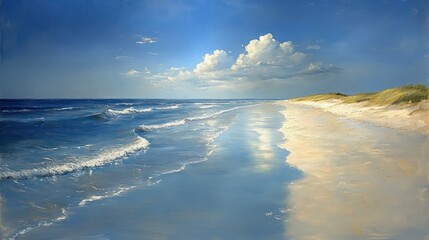 Obraz premium Serene beach scene with gentle waves, blue sky, and fluffy clouds reflecting on the wet sand.