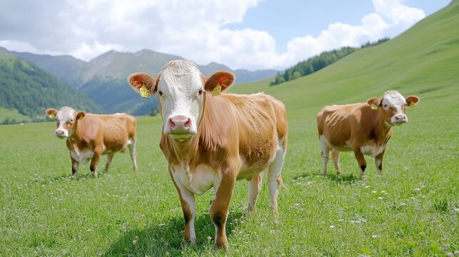 Simmental cows graze peacefully under a bright blue sky in the countryside