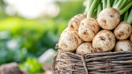 Starchy taro nestled in a woven basket under a sunny garden canopy