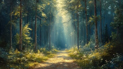Fototapeta premium Sunbeams illuminate a path through a lush, green forest.
