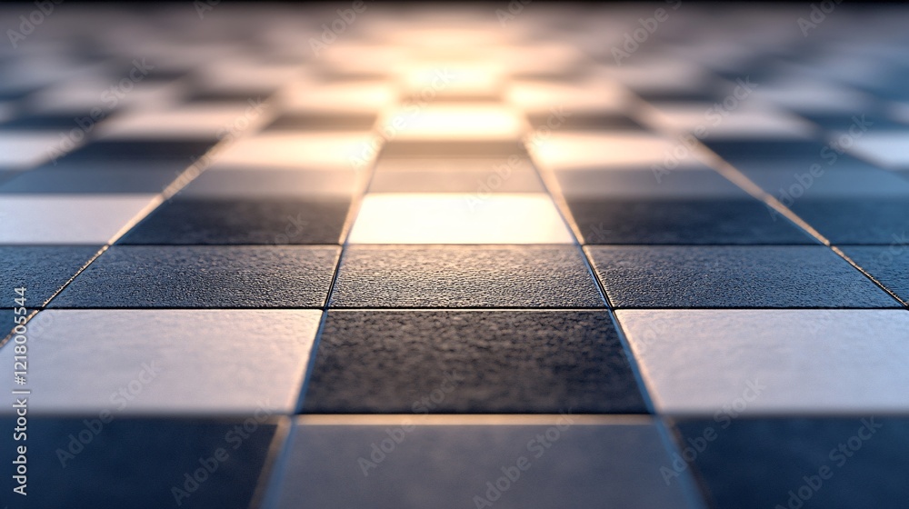 Aufkleber Checkered floor tiles creating a perspective path with warm light