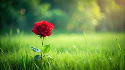 A Single Red Rose in a Lush Green Meadow - Minimalist Floral Beauty, Nature Photography, Serenity, Peaceful Landscape, Vibrant Colors, Simple Elegance, Natural Art, Blooming Rose, Isolated Flora