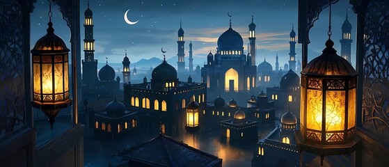 Islamic Decorative Ramadan Background With Lanterns and Mosque Silhouette