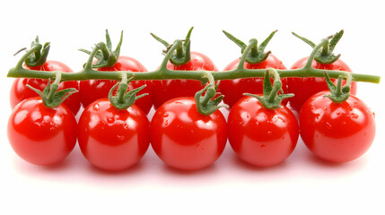 Vine of ripe red cherry tomatoes on white background, food photography