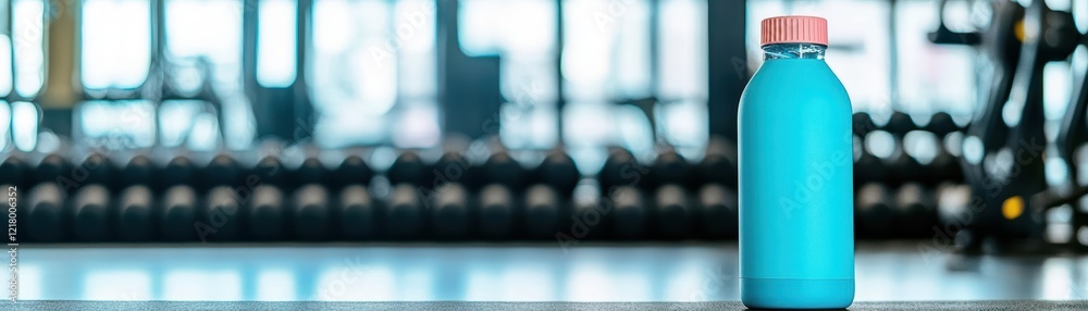 Aufkleber a vibrant blue water bottle elegantly positioned on a wooden table surrounded by natural light creat