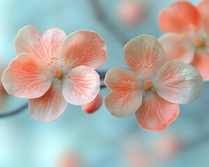 Two peach blossoms on a branch.