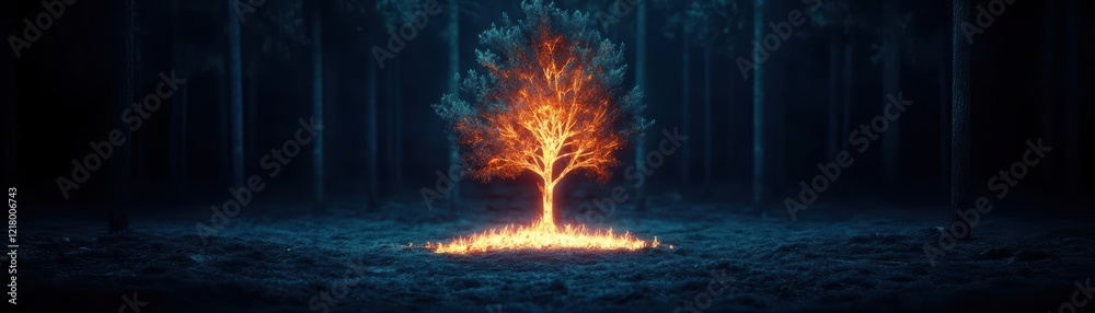 Poster majestic tree surrounded by vibrant flames creating a fiery contrast against the tranquil forest set
