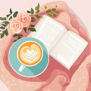 Flat Lay of Romantic Book Reading Setup with Coffee and Roses, Valentine&rsquo;s Day, Valentine&rsquo;s Day image