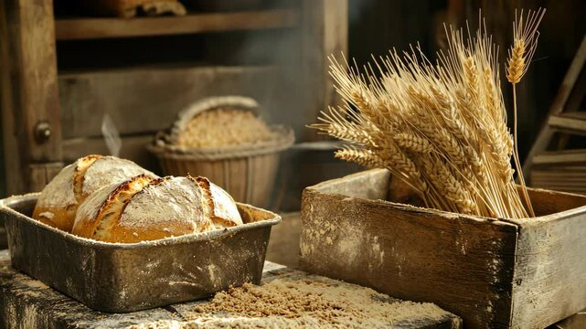 Freshly baked bread resting beside bundles of wheat in a rustic bakery setting