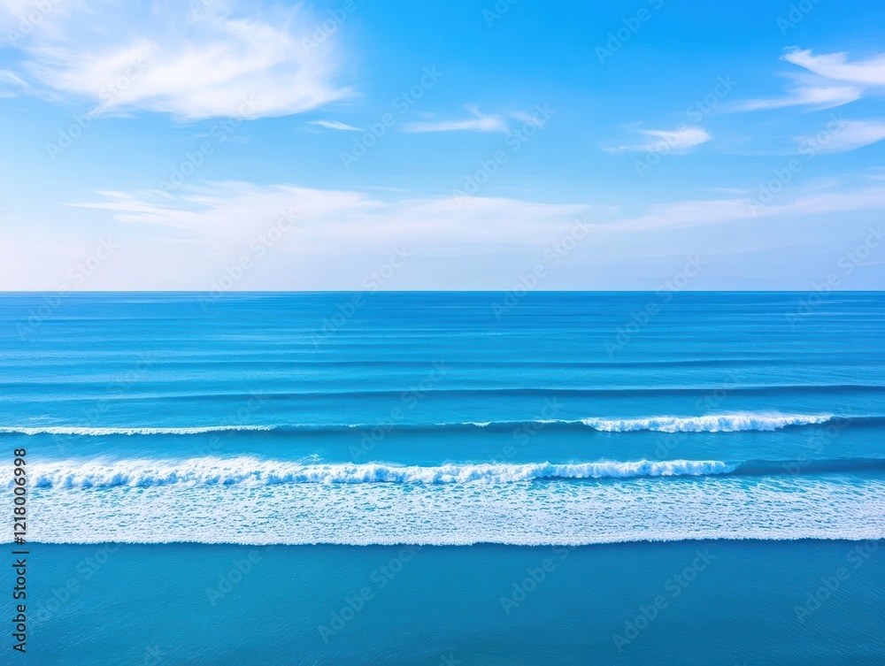 Poster aerial view of tranquil ocean waves lapping gently against rocky shoreline under bright blue sky wit