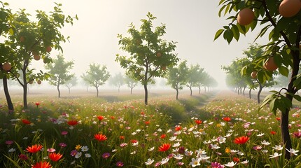 A lovely field of fruit trees and flowers.