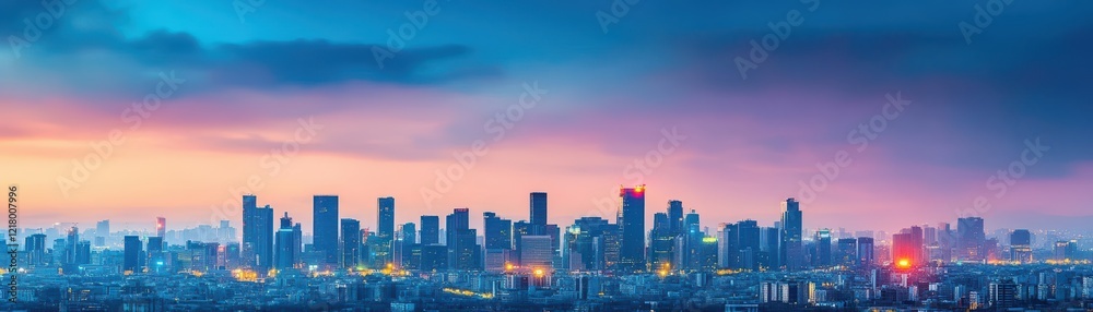 Poster vibrant city skyline illuminated at night with twinkling lights and majestic architecture creating a