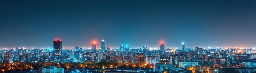 Obraz premium A city skyline at night with all buildings in darkness except for a few emergency lights, dramatic and surreal, wide angle