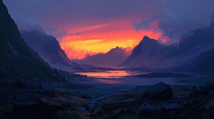 Vibrant sunset over a serene mountain lake.