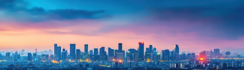 Fototapeta premium Vibrant City Skyline Illuminated at Night with Twinkling Lights and Majestic Architecture Creating a Captivating Urban Landscape in Twilight