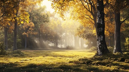Golden sunlight shining through fog in autumn forest