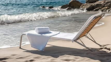 White towels neatly folded on a chaise lounge on a sandy beach near the ocean waves.