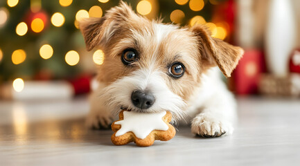 A cute dog lies on the floor, playfully holding a snowflake-shaped cookie, with festive lights twinkling in the background.