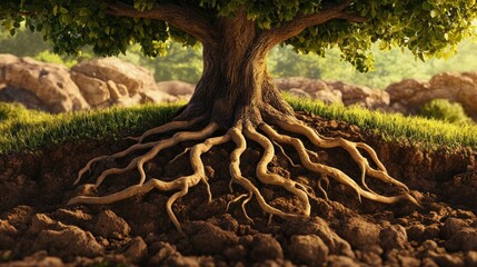 Fototapeta premium Majestic tree roots, rocky hillside, sunlight, nature, environmental concept