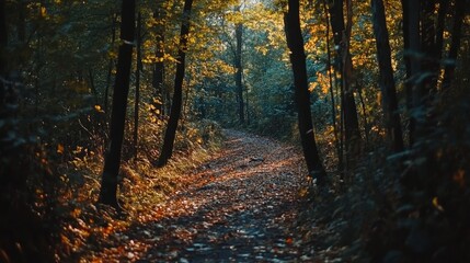 Fototapeta premium Sunlit Forest Trail with Golden Leaves