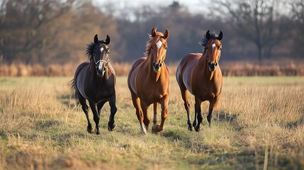 Three Horses Galloping Across a Golden Field